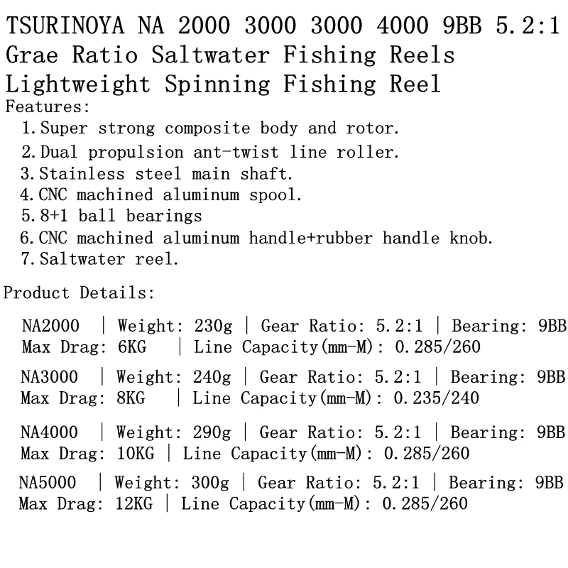 TSURINOYA NA2000 3000 3000 4000 5000 9BB 5,2: 1 Grae Ratio Рыболовные катушки для соленой воды Легкая спиннинговая Рыболовная катушка