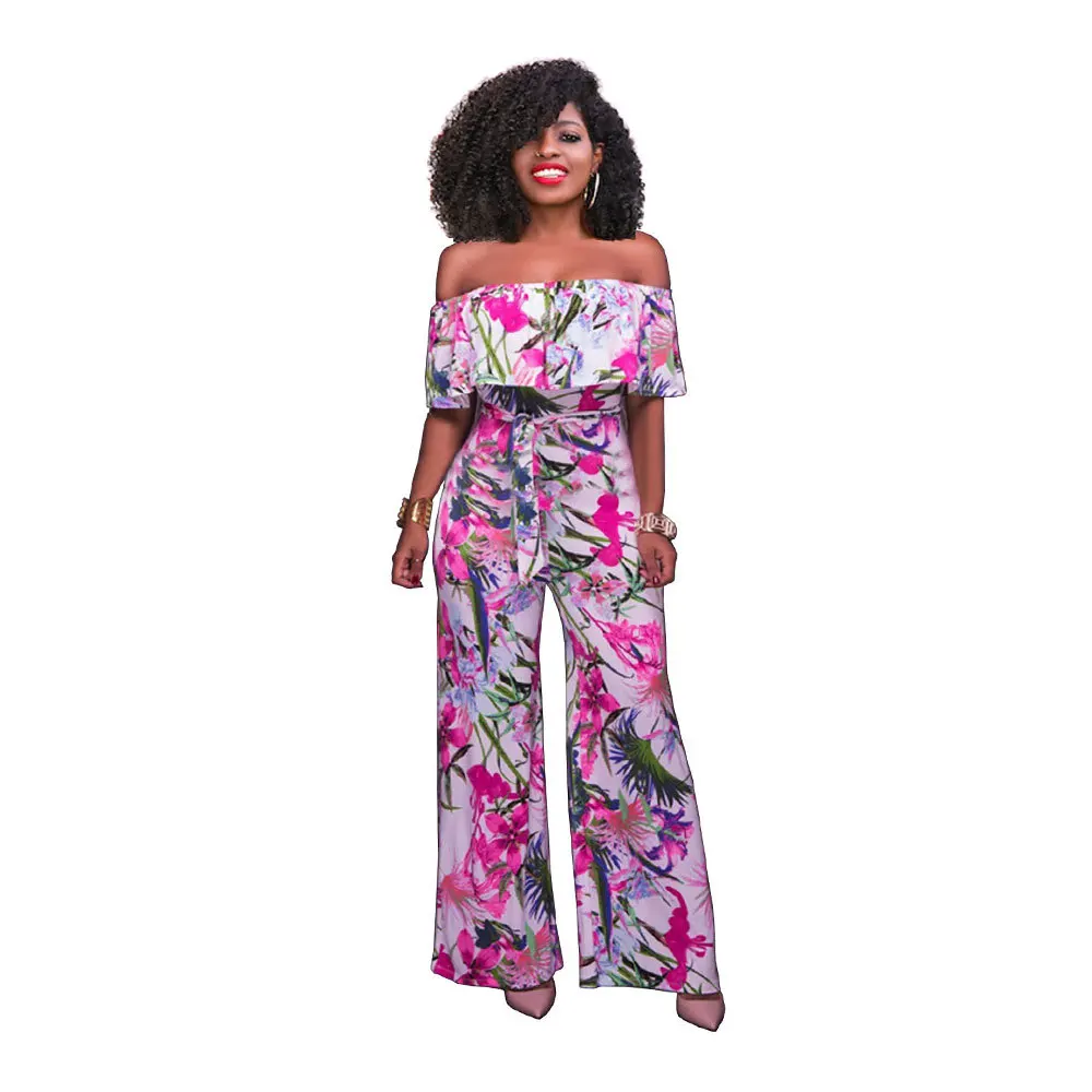 Sexy Floral Print Women Jumpsuit 2017 Elegant Off Shoulder Bodysuit Slash Neck Ruffles Romper Overalls Party Loose Long Playsuit