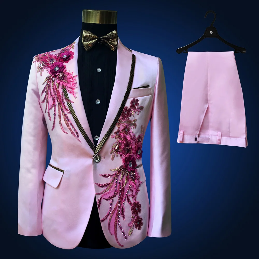 Розовый Смокинг пиджак+ брюки с бусинами костюм мужской сценический костюм смокинг для свадьбы размера плюс 4XL розовый королевский синий белый черный красный костюм жениха