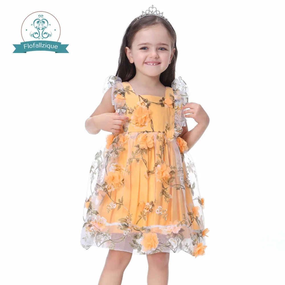 Платье с цветочным узором для девочек; коллекция года; летняя сетчатая Одежда для девочек; праздничное платье принцессы с Желтой Аппликацией; одежда для малышей; платье для маленьких девочек