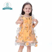 Платье с цветочным узором для девочек; коллекция года; летняя сетчатая Одежда для девочек; праздничное платье принцессы с Желтой Аппликацией; одежда для малышей; платье для маленьких девочек