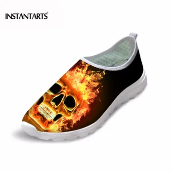 

INSTANTARTS Summer Breathable Casual Mesh Shoes Men Cool Fire Skull Print Slip-on Flat Shoes for Boys Teenager Leisure Sneakers