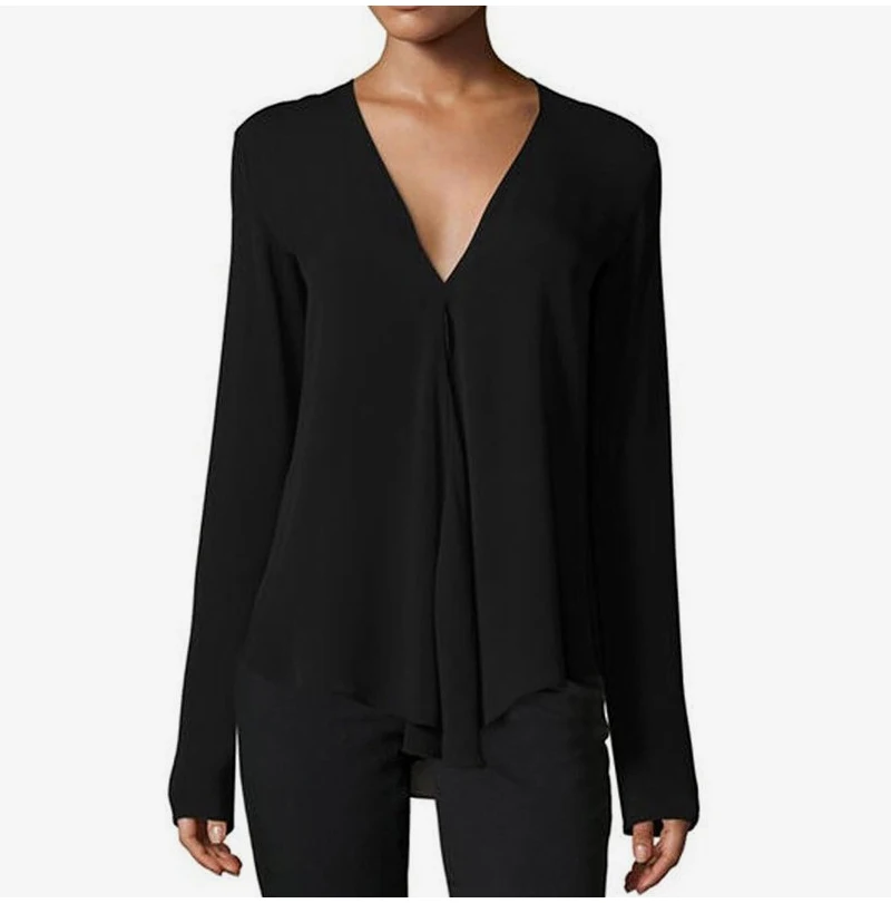 Женская шифоновая рубашка с v-образным вырезом, топ размера плюс 6XL, длинный рукав, Черная Женская блузка, лето, элегантные мягкие женские пуловеры, топы