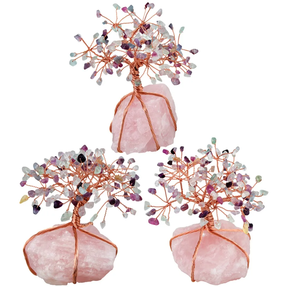 SUNYIK Natural Rose Quartz Cluster Base Crystal Money Tree Bonsai Figurine for Wealth Luck Jewelry Packaging