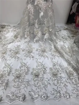 

African Lace Fabric, 3D Embroidery sequins Lace party Dress White Tulle Lace Fabric.Fashionable and Beautiful FF59