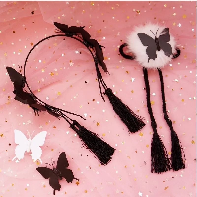 

Novelty Black White Butterfly Hairbands Punk Gothic Tassel Lolita Hair Bands Headbands Hair Clips Women Holidays Party Headwears