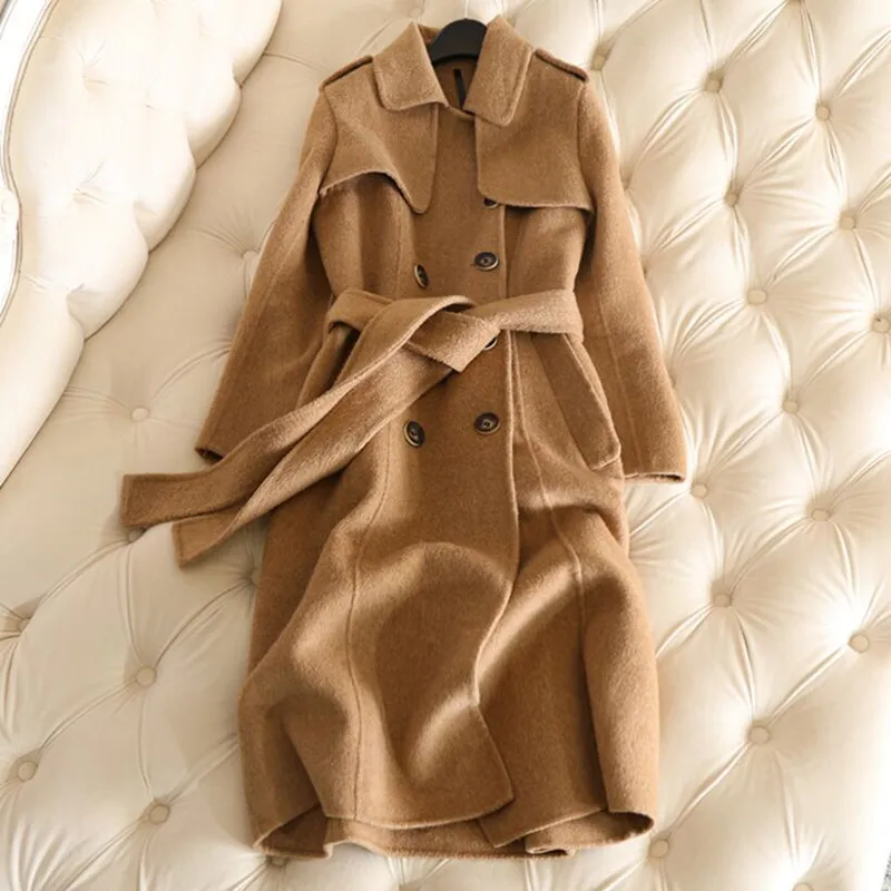 

2019 New Winter Long Cashmere Coat Women Trench Coat Autumn 50% Sheep Cashmere + 50% Alpaca Cashmere Slim Office Lady Solid Full