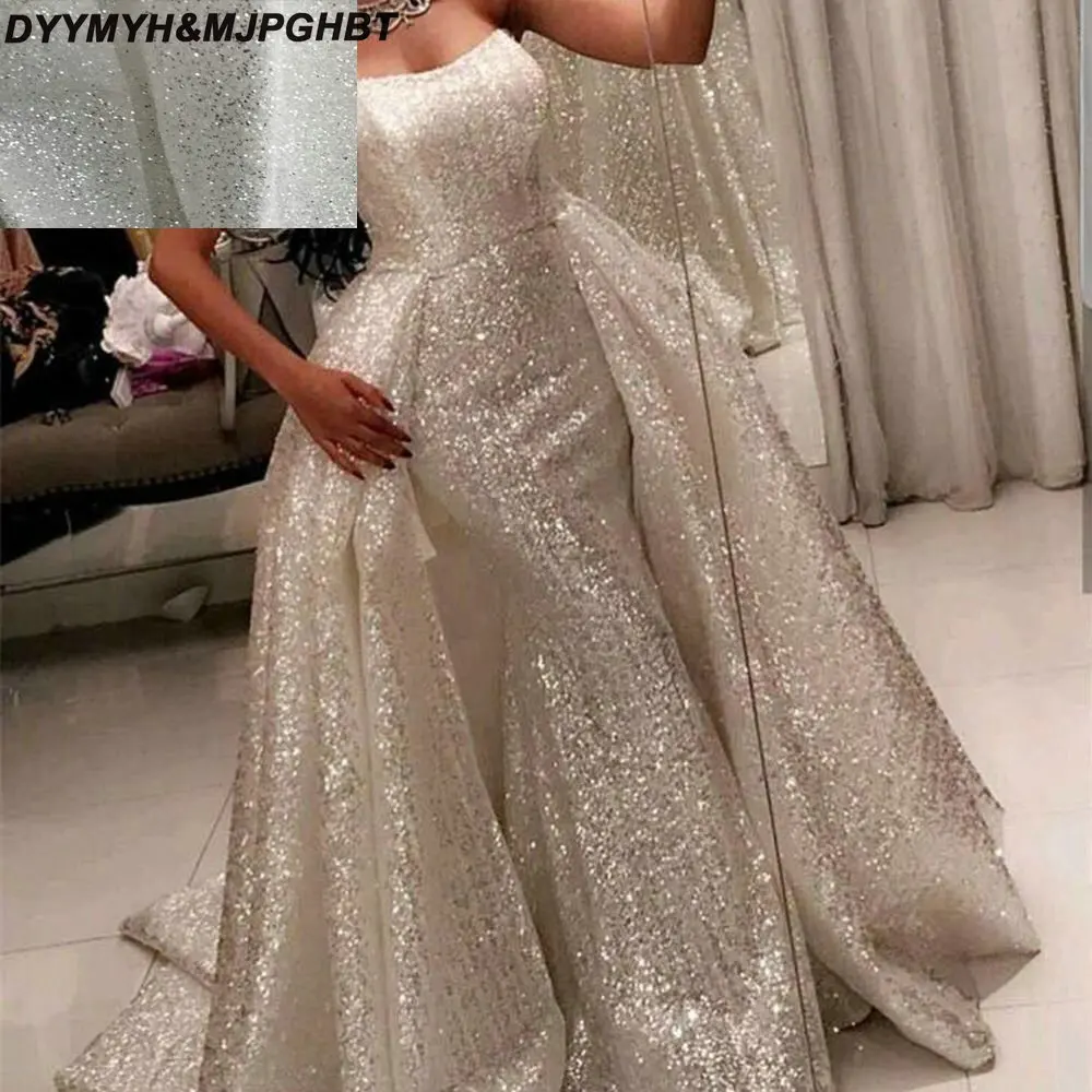 

2019 Long Silver Arabic Evening Dress with Detachable Skirt Mermaid Formal Gowns Party vestido sirena largo