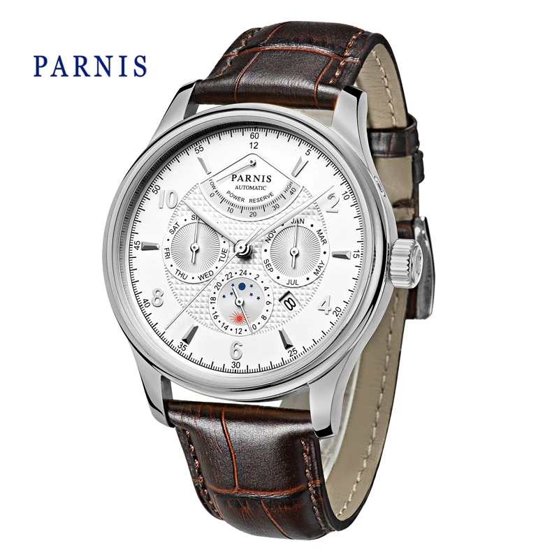 

42mm Parnis Automatic Watch Men Newest Power Reserve Mechanical White Dial Silver Hands Moon Phase Casual Man WristWatch