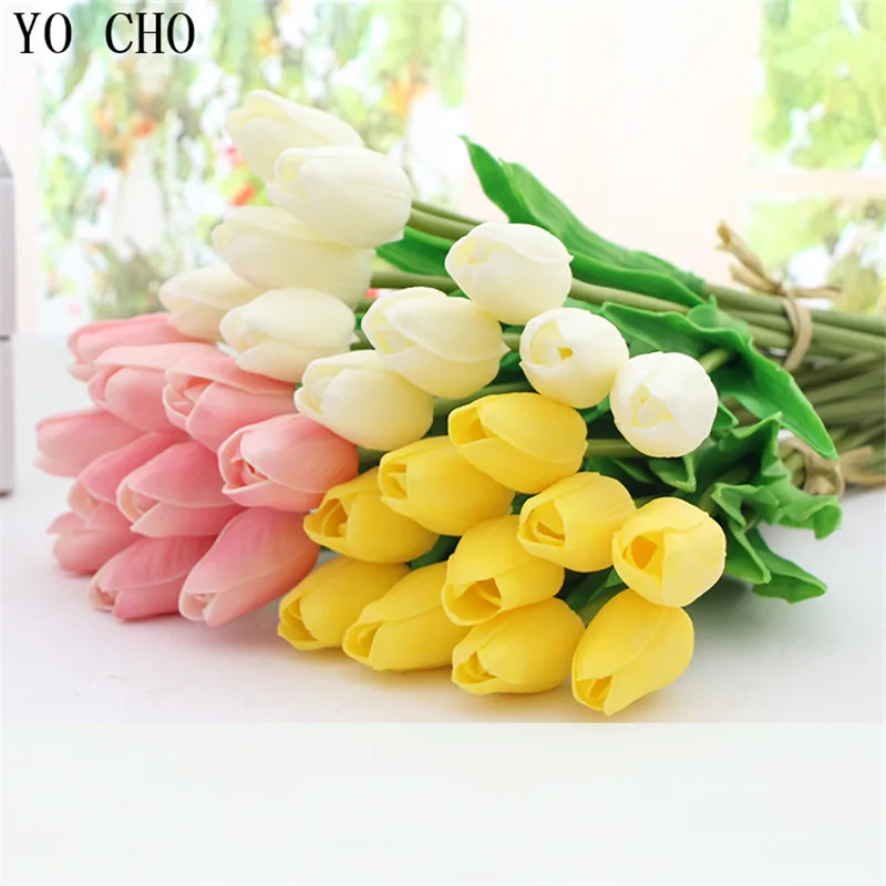 YO CHO 3pcs Mini Tulips Artificial Flowers Plant PU Real Touch Wedding Flower Bridal Bouquet Home Decoration DIY Fake Tulip
