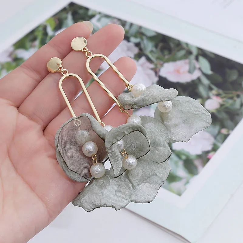 

Korea New Bohemia Irregular Multi-layer Flower Pearl Dangle Drop Hoop Earrings Handmade Fabric Yarn Statement Long Big Jewelry