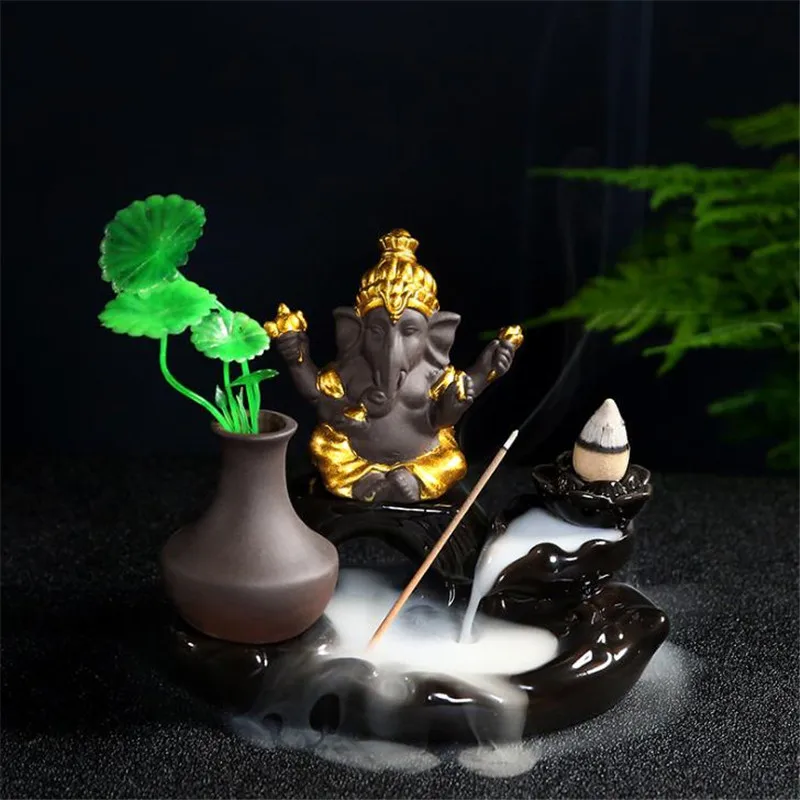 

Ganesha Elephant God Ceramic Backflow Incense Burner Green Plant Home Decor Aromatherapy Censer Incense Cones Hoder