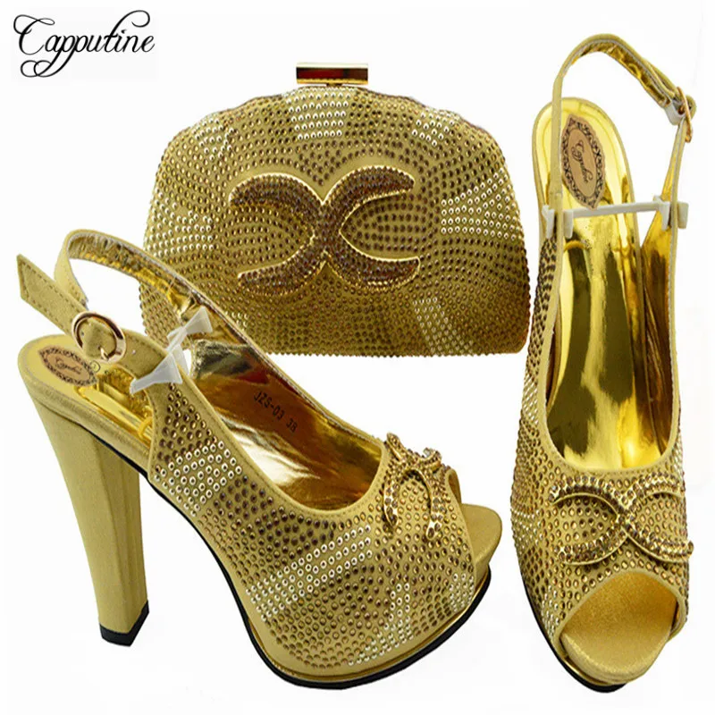 Capputine Summer Design African Gold Color Shoe And Bag Set For Party Italian Pumps Shoe With Matching Bag Set Size 38-43 ZS-03 Capputine Summer Design African Gold Color Shoe And Bag Set For Party Italian Pumps Shoe With Matching Bag Set Size 38-43 ZS-03