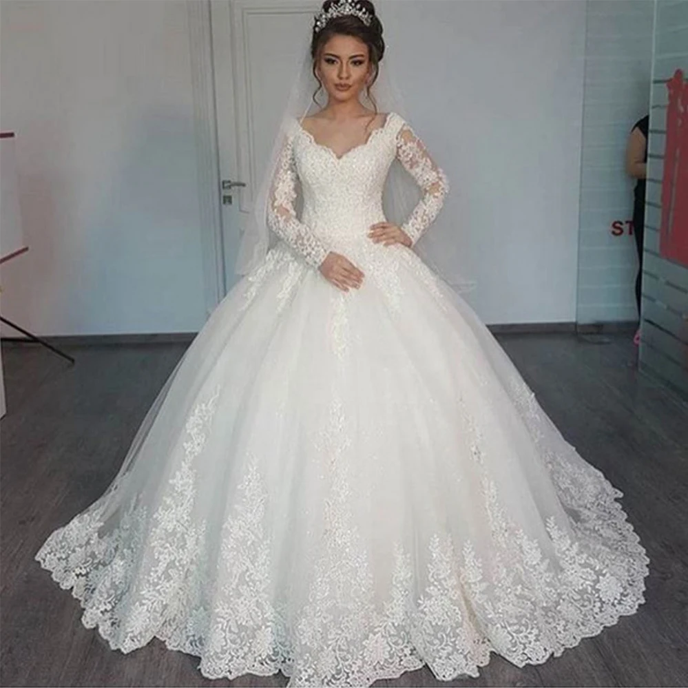 

Fansmile Vestido De Noiva Long Sleeve V Neck Vintage Ball Gown Wedding Dress 2019 Bridal Tulle Mariage FSM-637T