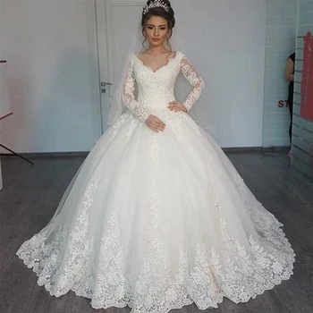 MEJOR OPCIÓN ❤️ Fansmile-Vestido De novia De manga larga, Vestido De baile Vintage con cuello De pico, Vestido De boda, FSM-637T De boda De tul 2020 - discount item 30% OFF Bodas y eventos