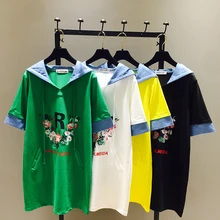 Новое поступление уличная Женская Цветочная вышивка с капюшоном с коротким рукавом Футболка Топ