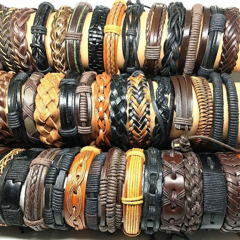 

Wholesale 30pcs cuff Leather bracelets men Genuine banglesunisex assorted retro top charms tribal vintage mix styles jewelry