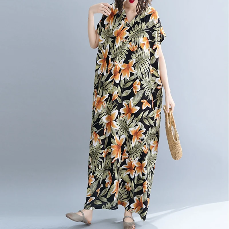 

Summer new bust 153 CM large size 8XL 9XL 10XL loose V-neck bat sleeve casual dress