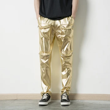 

High Street men long pants Winter Autumn solid pocket joggers trousers Hiphop cosplay Golden&silver stage pants