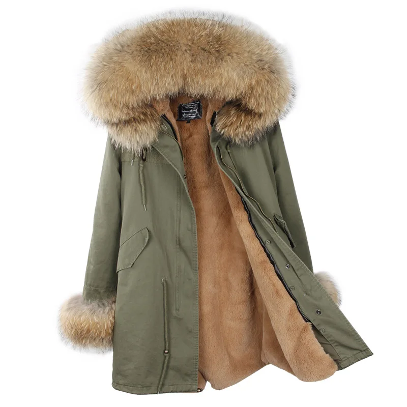 

Women long coat parkas winter jacket female outerwear real raccoon fur collar hooded cuffs thick warm fur liner streetwear short