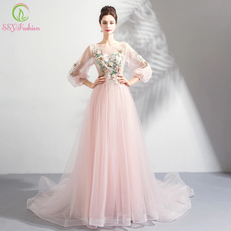 

SSYFashion New Sweet Pink Lace Evening Dress Romantic Long Sleeved Embroidery Sweep Train Prom Party Gown Robe De Soiree