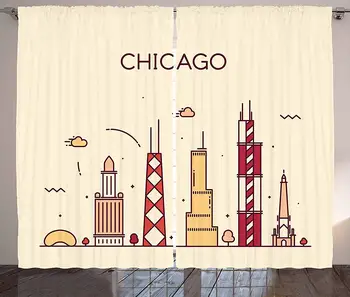 

Chicago Skyline Curtains Hand Drawn Style American Town with Historical and Famous Buildings Print Living Room Bedroom Window