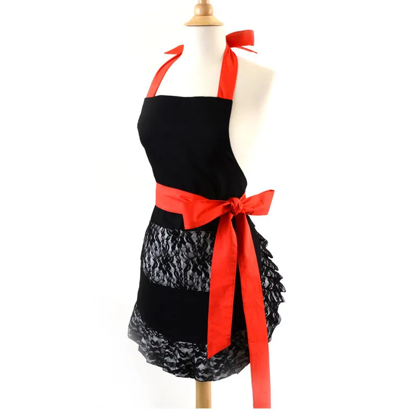 Hot Retro Black Lace Flirty Apron with Pocket Floosum Fun Retro Sexy Cooking Pinup Kitchen Aprons for Women Girls Gift Dress