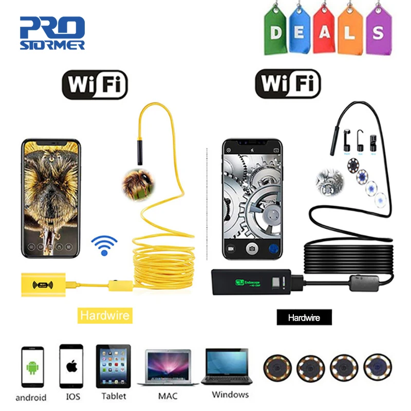 Prostormer 8mm Wifi Endoscope Camera 1200P Hardwire Borescope For iphone Android Phone 2 3.5 5 10M Waterproof Inspection Camera