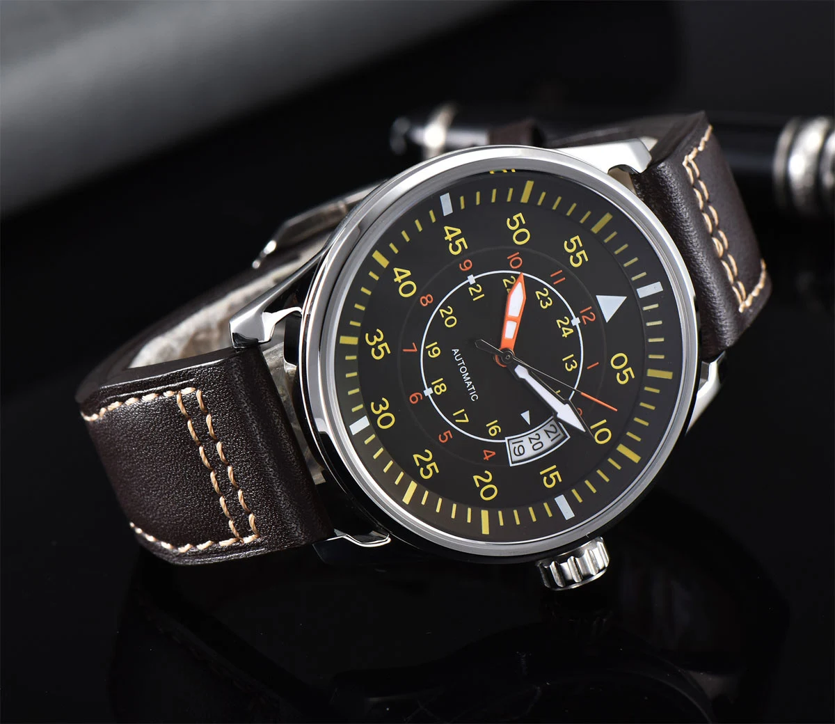 44 мм светящиеся часы мужские кожаный ремешок планка черный циферблат Дата механические Автоматические Мужские часы