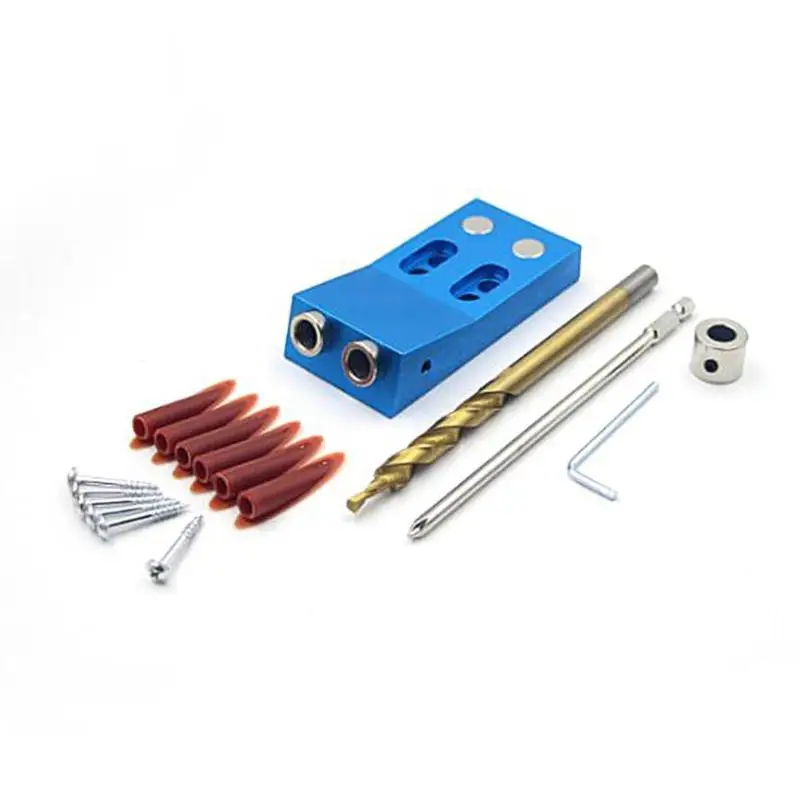

Woodworking Pocket Hole Jig Kit Angle Drill Guide Set Hole Puncher Locator Locator Jig Drill Bit Set