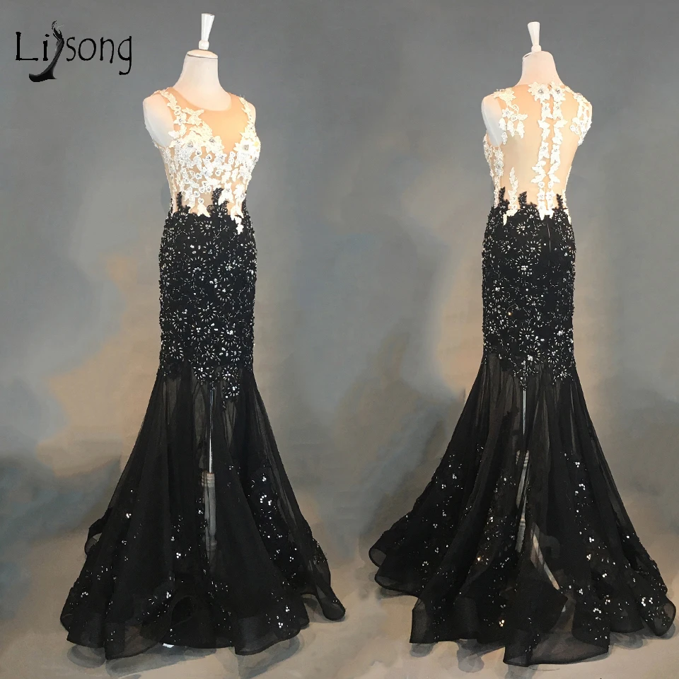 

Vintage Black And White Lace Mermaid Evening Dresses 2018 Appliques Pearls Beaded Sexy Evening Gogwns Vestido De Festa Longo