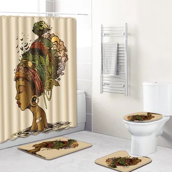 

F 4 Piece Bathroom Rug Sets Bath Shower Curtain with 12 Hooks African Woman Printing Bathroom Rugs PVC Eco-Friendly Toilet Mat