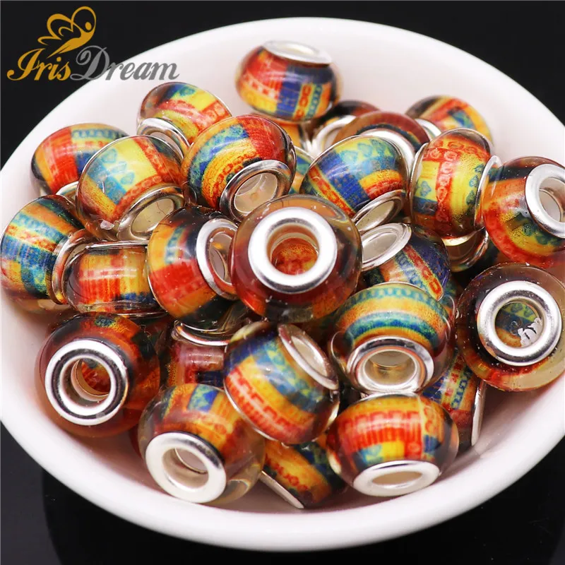 

20Pcs Large Hole Silver Color Murano Sapcer Resin Beads Fit Pandora Bracelet Bangle Chain DIY Charms Necklace for Jewelry Making
