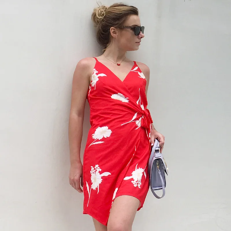 

Summer Dress 2019 Women'S Sexy V-Neck Print Backless Irregular Straps Bow Chiffon Dress Boho Dress Streetwear Sleeveless Clothes