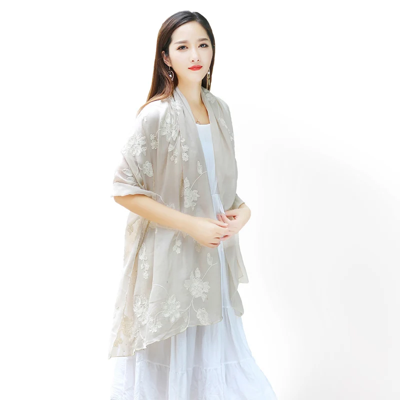

New fashion women solid color cotton scarves with embroidery flower lady spring thin air silk scarf beach cover shawl wrap hijab