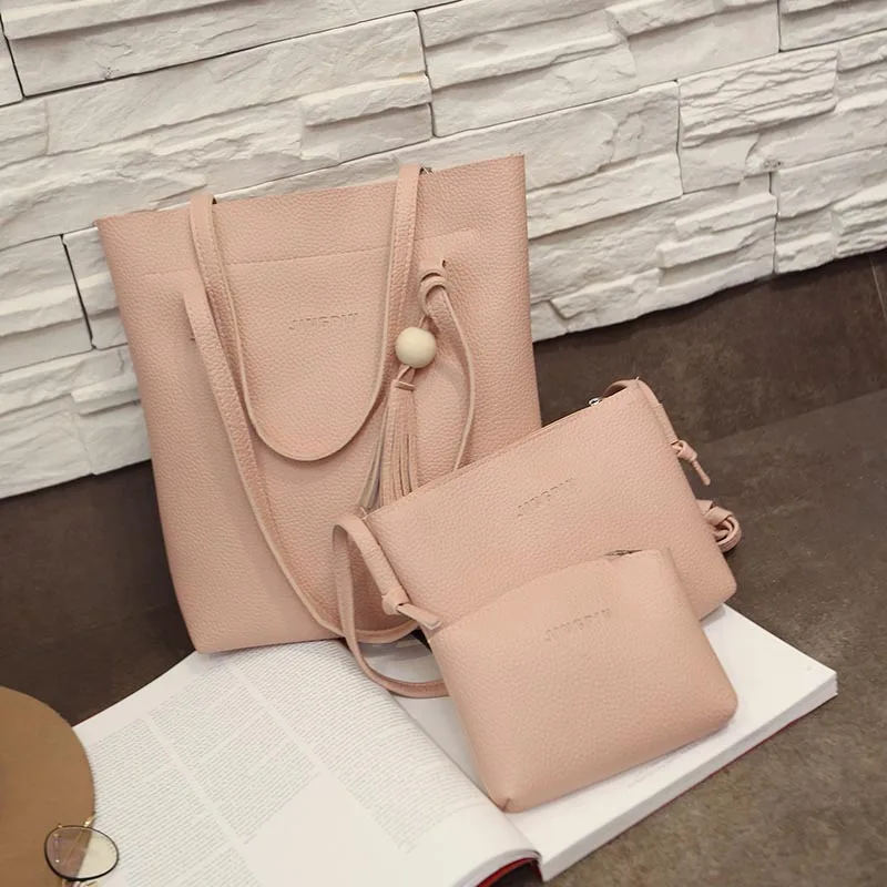 

3 Piece Set Women Composite Shoulder Bag PU Leather Solid Color Bead Tassels Handbag Travel Casual Messenger Bags 88 New