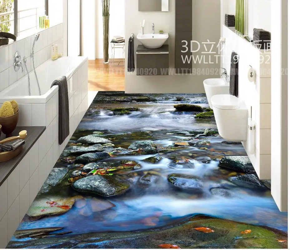3d flooring River stone stream waterfall 3D floor bathroom waterproof