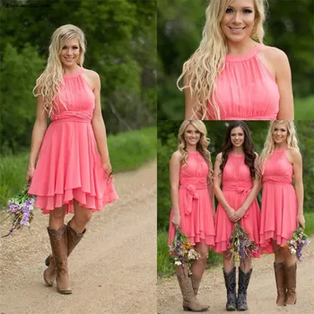 

Western Country Chiffon Short Bridesmaid Dresses 2020 O-Neck Sleeveless Boho Summer Wedding Guest Dresses With Sash vestidos