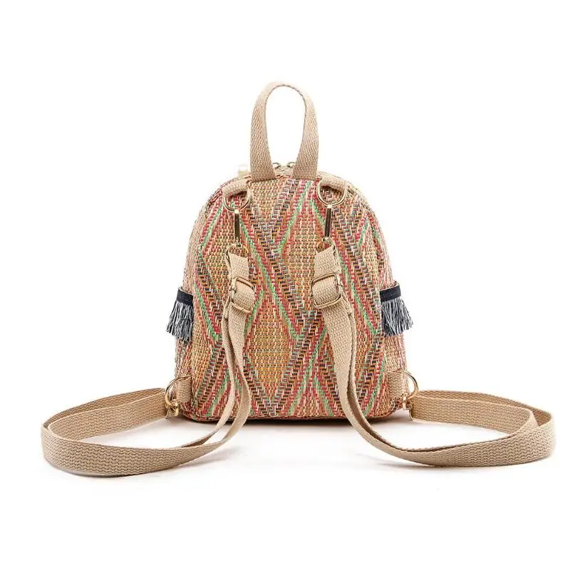 Straw Woven Bag Small Travel Backpacks Women Stripe Print Shoulder School Bags Casual Knitting Knapsack Rucksack Mochila Mujer