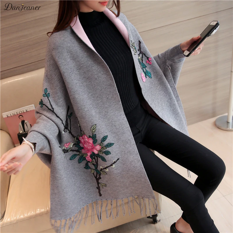 ^*Best Offers Danjeaner Autumn Winter Women Cashmere Tassel Cardigan Embrodiery Rose Long Poncho Batwing Sleeve Capes Elegant Sweater ^*Best Offers Danjeaner Autumn Winter Women Cashmere Tassel Cardigan Embrodiery Rose Long Poncho Batwing Sleeve Capes Elegant Sweater