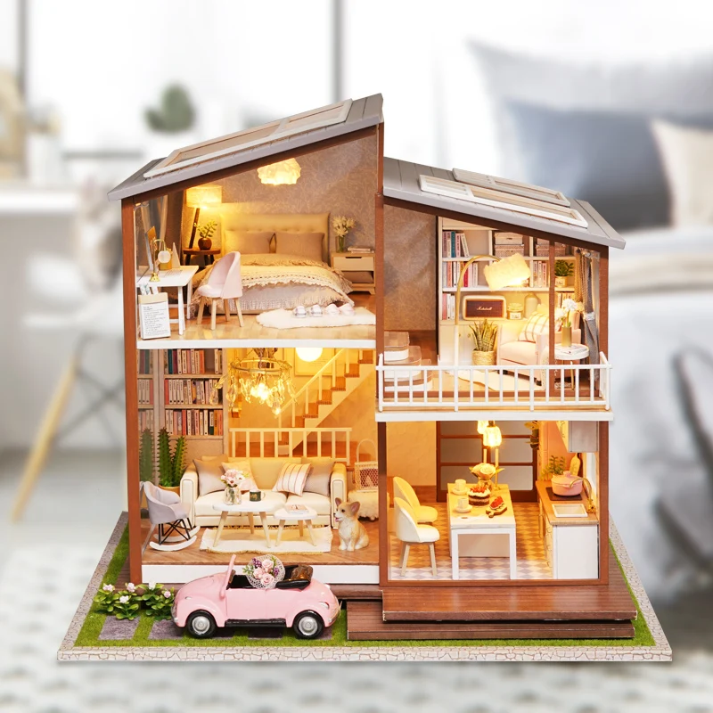 with Dust Cover DIY Doll House Wooden Dollhouse Furniture Kit Toys Gifts 