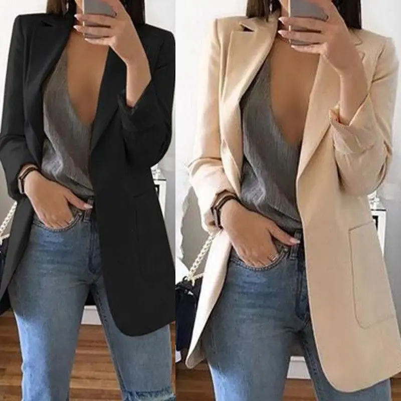New Women's Casual Mid Coat Lapel Slim Cardigan Outdoor Work Suit Jackets