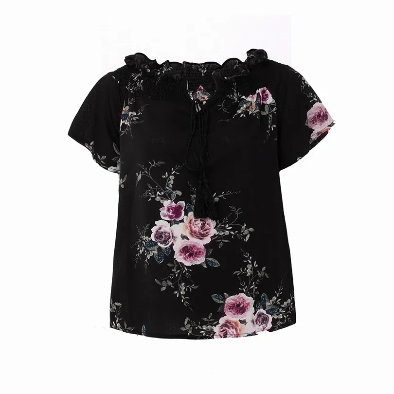 New Fashion Women Summer Casual Daily Plus Size Slash Neck Off Shoulder Floral Print Tassel Ribbons Top #4F05 (11)