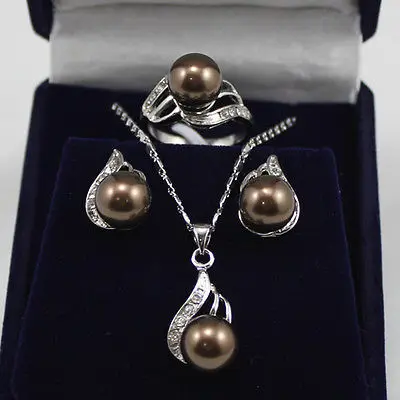 

Free shipping@@@@@ fancy brown shell pearl crystal pendant necklace earring ring jewelry set