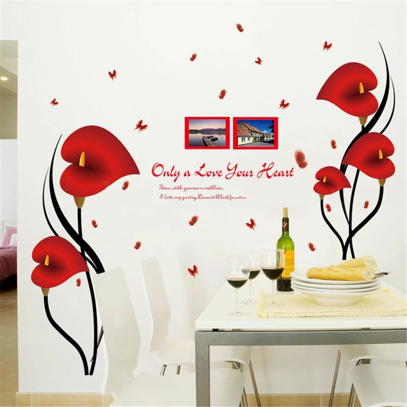 JX-LCLYL Removable Vinyl Red Love Flower Photo Frame Tree Wall Decal Sticker Home Decor