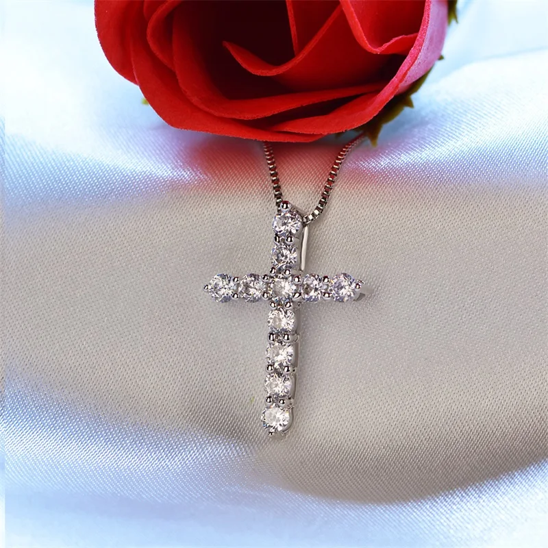 Латинский крест подвеска ожерелье с прозрачными элементами циркония Подвески из кристаллов женское круглое серебро подлинный крест ожерелье
