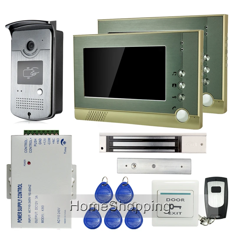 

Free Shipping Home Doorphone 7" TFT LCD Video Door Phone Intercom System + 1 RFID Access Door Camera + 2 Monitor + Magnetic Lock