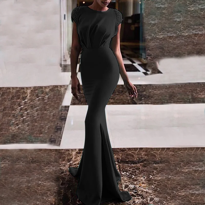 

Women Dress Elegant Round Neck Short Sleeve Vestidos Banquet Fishtail Bodycon Halter Floor Length Dress