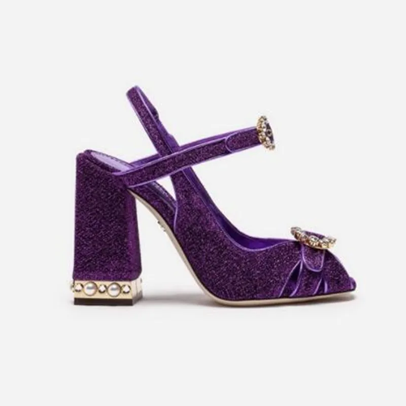 Brand New Runway Sandal Thick Chunky Heel Jewelry Heel Peep Toes Buckle Strap Mary Jane Shoes Hot Women Sandals - Color: Purple