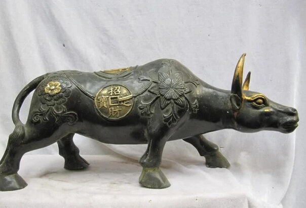 

Elegant old S1385 Chinese Folk Art collection Old Bronze Gilt Money Coin flower OX Bull statuary (A0321)